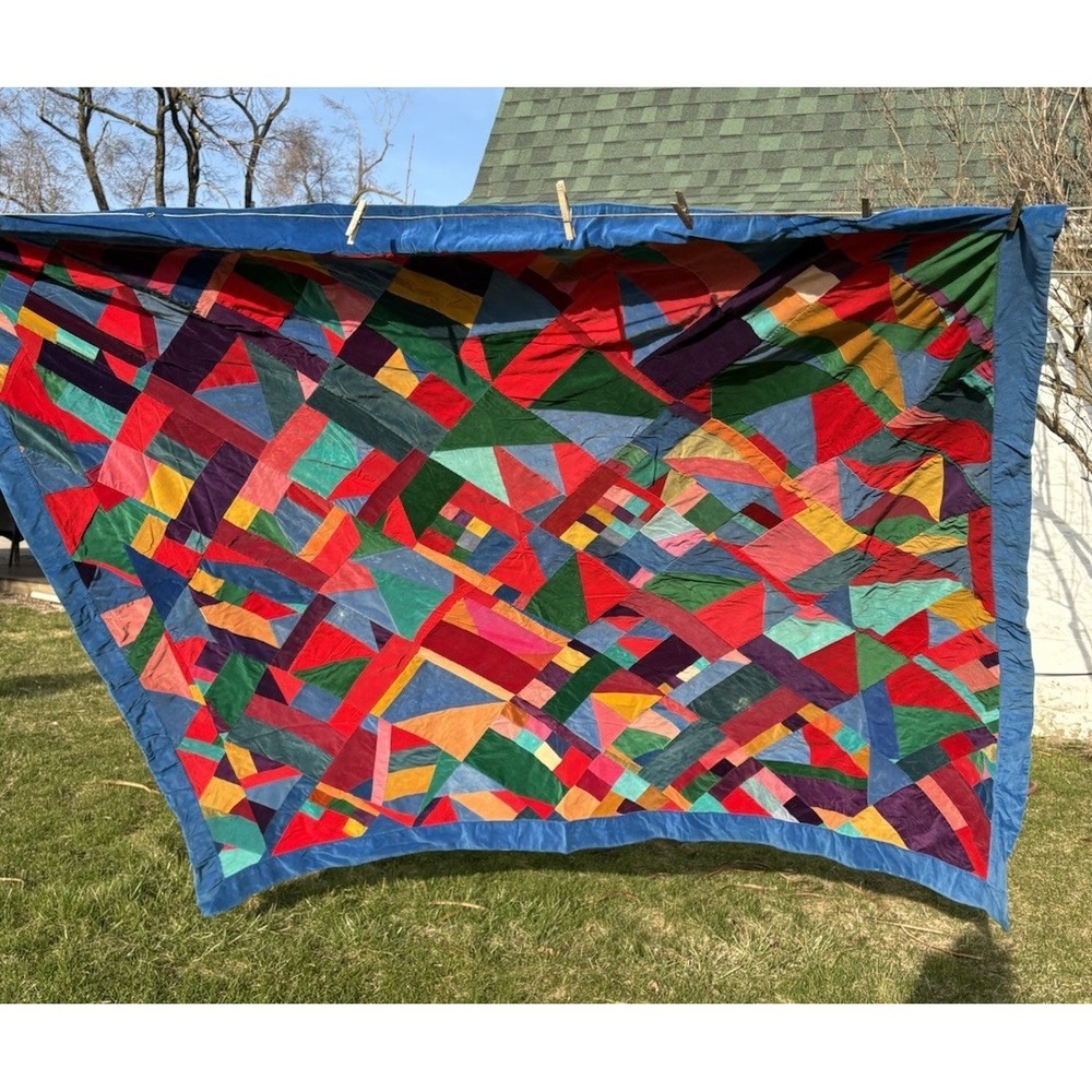 Vintage Velvet Crazy Quilt Jewel Tone Patchwork 76 X 87" MCM Boho Folk Art READ